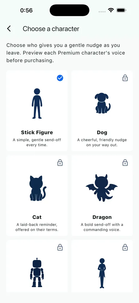 NudgeGoo character selection screen with six characters