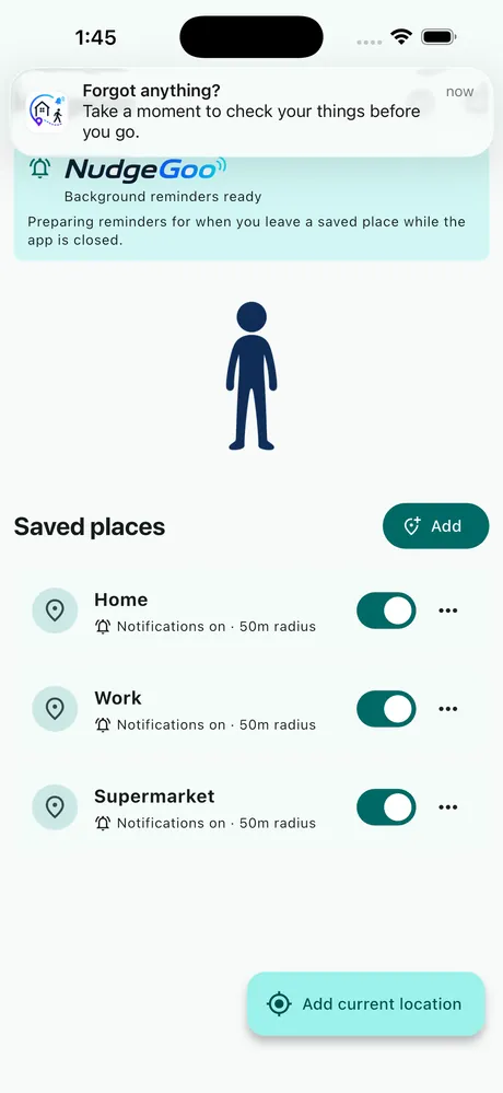 NudgeGoo home screen with a departure reminder notification